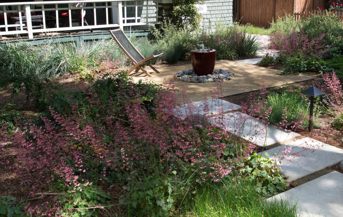 Front yard seating area with California native plants and fountain