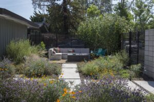 Native plant garden and outdoor furniture as landscape design